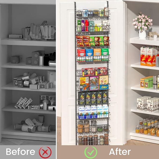 ElegantArray 9-Tier Pantry Door Oragnizer, Over The Door Pantry Organizer Rack and Storage, Hanging Spice Rack Shelves Door, Home Office Laundry Room Bathroom & Kitchen Organization, Deep Gray