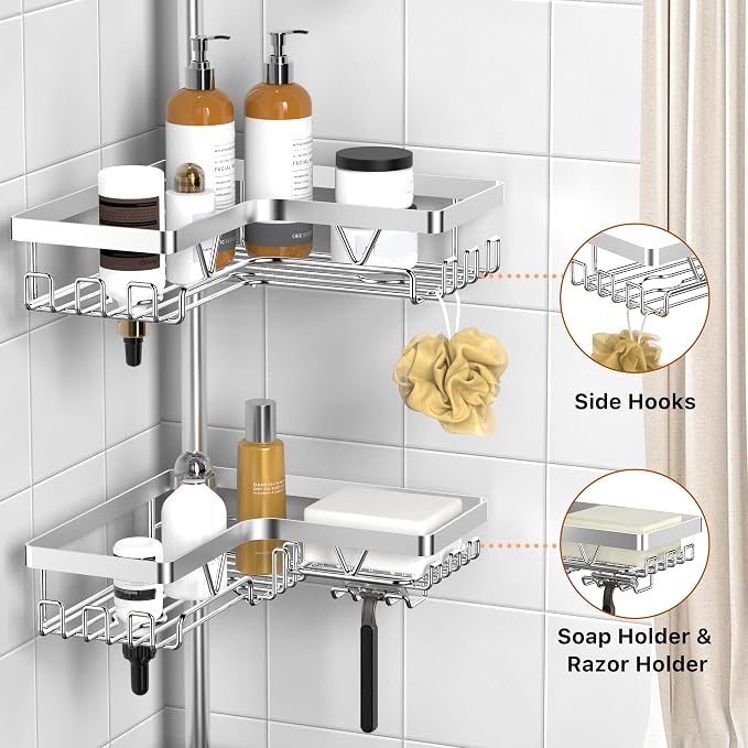 KEGII SUS304 Corner Shower Organizer, Stainless Steel Tension Pole Corner Bathroom Caddy, No Drilling Required Adjustable Shower Shelf for Inside Showers, Silver