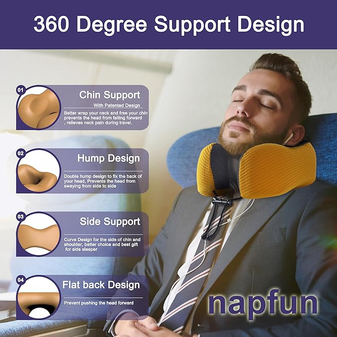 napfun Neck Pillow for Traveling, Upgraded Travel Neck Pillow for Airplane 100% Pure Memory Foam Travel Pillow for Flight Headrest Sleep, Portable Plane Accessories, Yellow