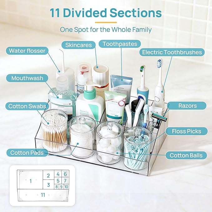 Vtopmart 5 PCS Bathroom Countertop Organizer, 1 Divided Tray with 4 Qtip Holder Jars, Restroom Clear Organizers for Toothbrush, Cotton Pads Balls, Floss, Bathroom Vanity Accessories Storage Set