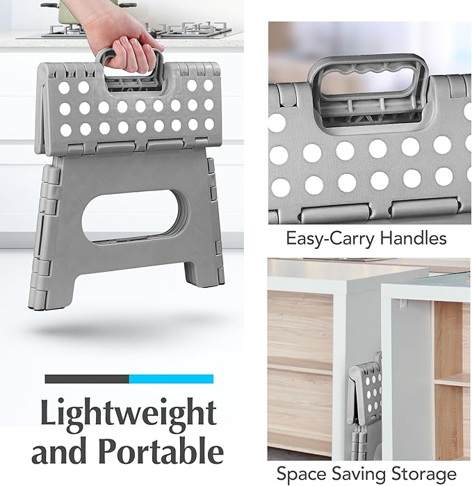 Handy Laundry Folding Lightweight Step Stool - Sturdy Enough to Support Adults - Opens Easy with One Flip - Great for Kitchen, Bathroom or Bedroom (Gray - 8 Inch)