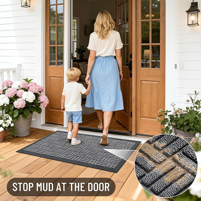OLANLY Front Door Mat Outside Entrance 33x21, Absorbent, Heavy Duty Sturdy Natural Rubber Doormat Indoor Outdoor, Stain and Fade Resistant, Non-Slip Backing Low Profile Floor Mat for Entryway, Grey