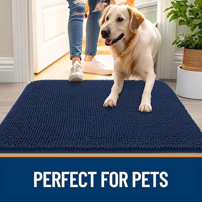 OLANLY Dog Door Mat for Muddy Paws 44x32, Absorbs Moisture and Dirt, Absorbent Non-Slip Washable Doormat, Quick Dry Chenille Mud Mat for Dogs, Entry Indoor Entryway Carpet for Inside Floor, Dark Blue