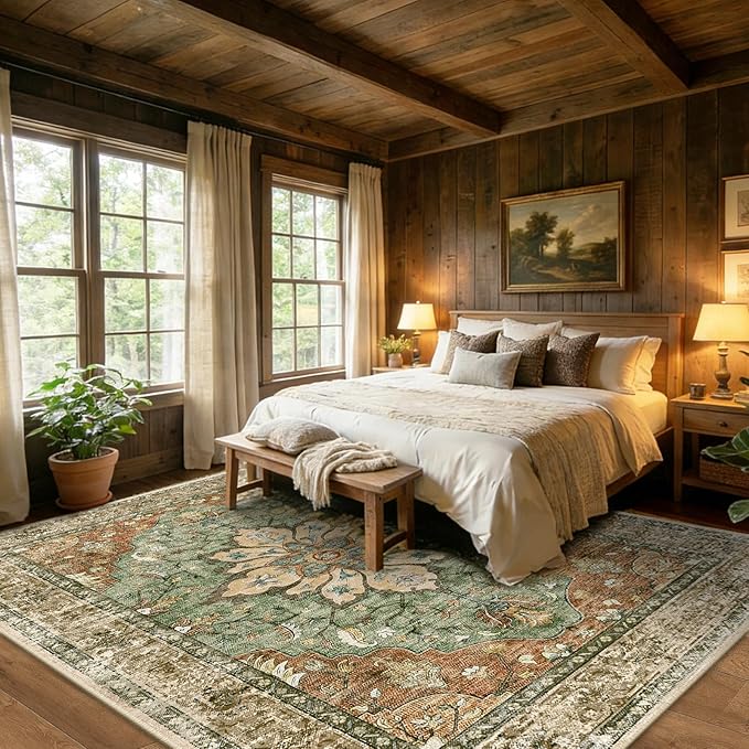 RELEANY Area Rugs Large 10'x12' Washable Non-Slip, Floral Vintage Distress Medallion Carpet for Living Room Bedroom Dining Room, Terracotta Burnt Orange Green