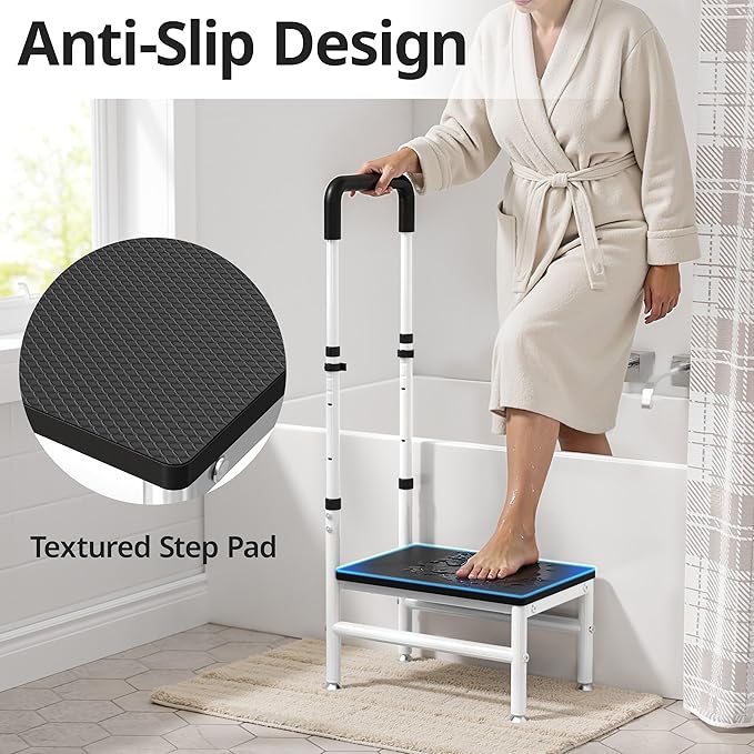 Step Stool with Handle for Adults and Seniors, Heavy Duty One Step Wooden Platform Stool with Adjustable Handrail, Wide Non Slip Footstool for Bedside, Bathroom and Home
