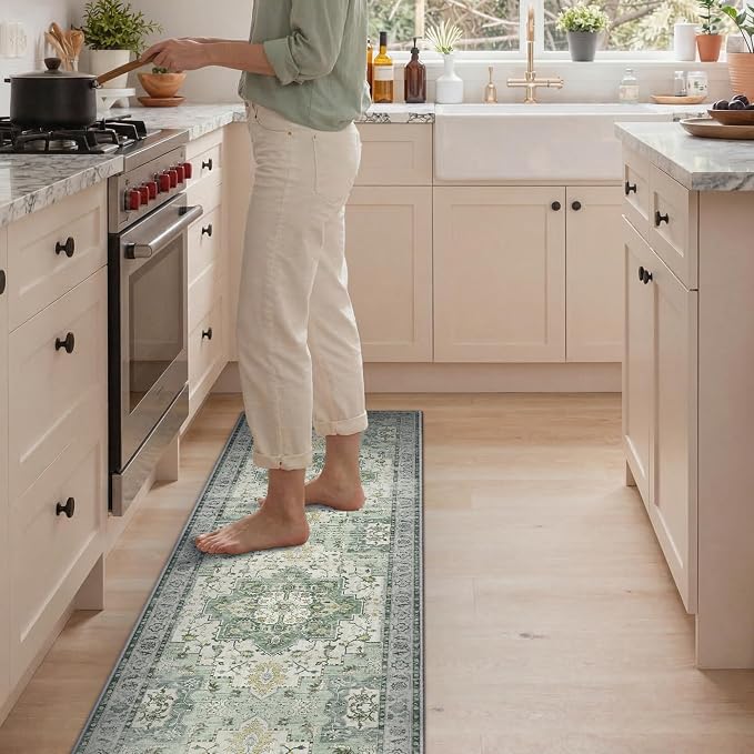 GENIMO Kitchen Rugs Non Slip Washable, 2PCS Kitchen Mats for Floor, Cushioned Standing Mat, Kitchen Runner Rug Floor Mat for Kitchen Decor, Laundry, Sink, Entryway, Home, 20"x32"+20"x59", Light Green