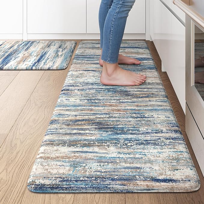 KIMODE Kitchen Mats for Floor Anti Fatigue, 17"x47"+17"x29" Farmhouse Kitchen Rugs Sets of 2, Padded Kitchen Floor Mats, Comfort Standing Mats for Sink Laundry Office Desk Dark Blue Grey