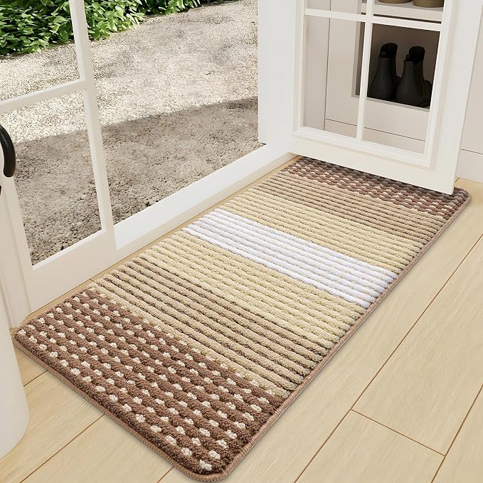 Kitinjoy Indoor Outdoor Door Mat, 47x24 Non-Slip Absorbent Dirt Trapper, Low-Profile Washable Inside Entrance Front Floor Mat, Sturdy Soft Entry Dotted Ombre Doormats for Entryway, Light Brown
