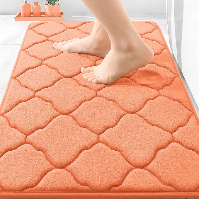 OLANLY Memory Foam Bath Mat Rug 30x20, Ultra Soft and Absorbent Bathroom Rugs, Non-Slip, Comfortable, Machine Washable Bath Carpet for Bathroom Floor, Tub, Shower and Home Decor Accessories, Peach