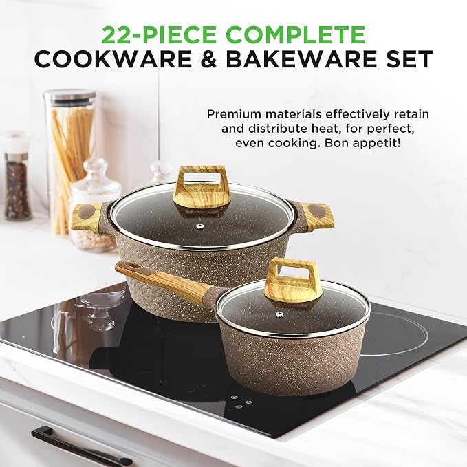 NutriChef 22‑Piece Non‑Stick Ceramic Pots and Pans Set – For All Cooktops Including Induction – PTFE & PFAS Free, Includes Bakeware & Utensils