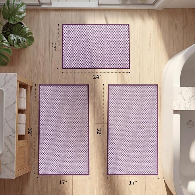 YIHOUSE Thin Bath Mat Purple Bathroom Rugs Sets 3 Pieces, Non Slip Absorbent Bath Mats Quick Dry, Woven Braided Rugs Washable,Tapetes para Baño for Bathroom,Bathtub(17.5"x24"U+17"x24"+17"x47")