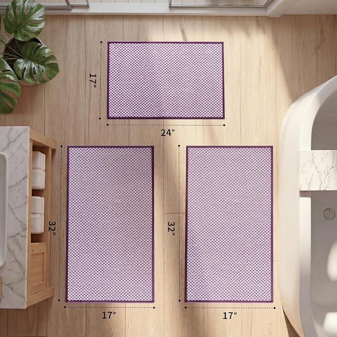YIHOUSE Thin Bath Mat Purple Bathroom Rugs Sets 3 Pieces, Non Slip Absorbent Bath Mats Quick Dry, Woven Braided Rugs Washable,Tapetes para Baño for Bathroom,Bathtub(17"x24"+17"x32"+17"x32")