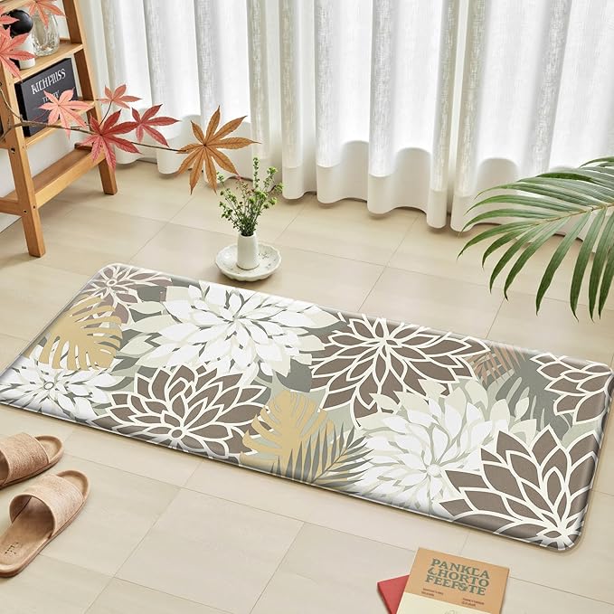 Arenarug Kitchen Mats for Floor 2PCS Cushioned Anti Fatigue Waterproof Non Slip Kitchen Mat Rug Set Comfort Foam Standing Mat for Sink, Laundry, Office,17.3" x 28" + 17.3" x 59", Brown White
