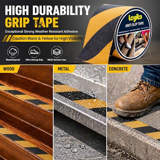 Anti Slip Tape, 4 Inch x 16 Ft Grip Tape for Stairs Outdoor/Indoor, Waterproof Non Skid Roll for Stair Treads Non Slip, High Traction Friction Abrasive Adhesive Stair Step, Caution Yellow/Black