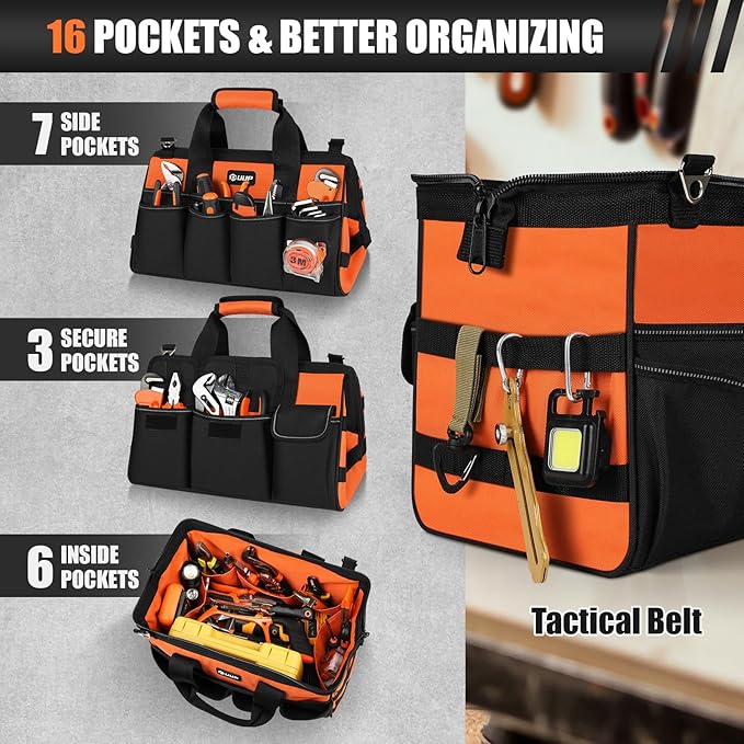 UUP Heavy Duty Tool Bag 15-Inch, 16-Pocket Portable Soft Tool Box Organizer Storage, Handle Tactical Carry Tote Empty Toolbox with Large Zipper, Father Day Dad Men Gift for Mechanic Engineer, Orange