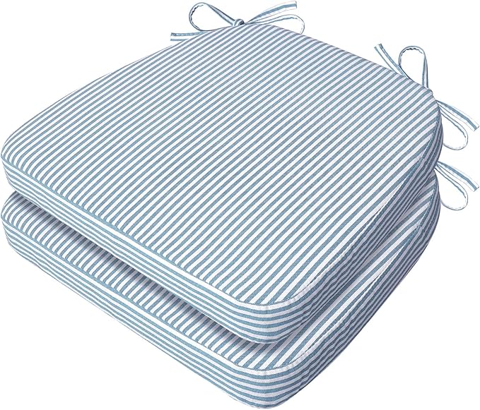 AAAAAcessories D-Shaped Chair Cushions, 2" Thick Dining Chair Pads with Ties and Removable, Machine-Washable Cover, 17" x 16", Set of 2, Pinstripe Blue