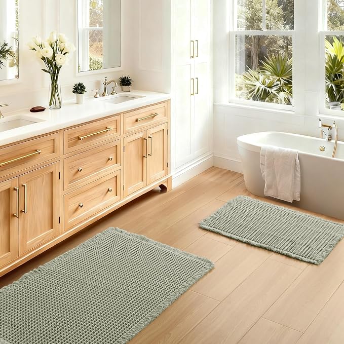 JIUZHEN Set of 2 Waffle Bath Mats Super Absorbent Boho Bath Rugs Non Slip Washable Bathroom Rugs Ultra Soft Machine Washable Shower Mats for Bathroom Floor, Tub, 16" x 24" +24" x 36", Sage Green