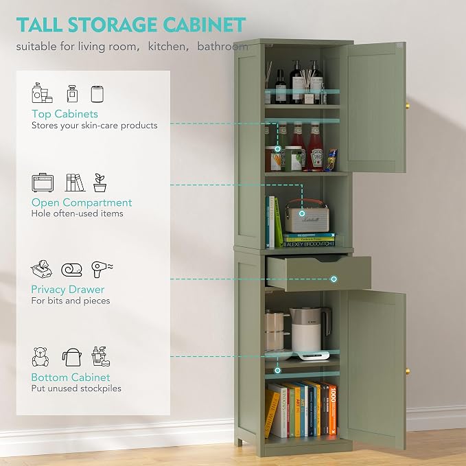 Vongrasig Tall Bathroom Storage Cabinet, 64”H Narrow Storage Unit for Small Spaces, Freestanding Modern Cabinet with Adjustable Shelves for Bathroom, Living Room, Kitchen, Green