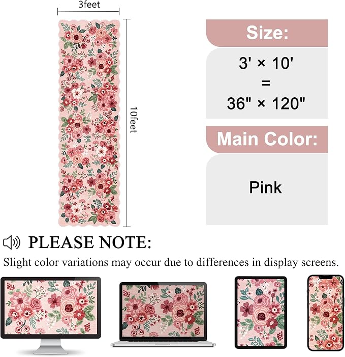 DUKINO 3x10 Washable Runner Rug, Non Slip Floral Ultra Soft Runner for Hallway, Lightweight Low Pile & Stain Resistant Long Throw Carpet for Kitchen, Bathroom, Entrance, Bedroom, Kids Room, Pink
