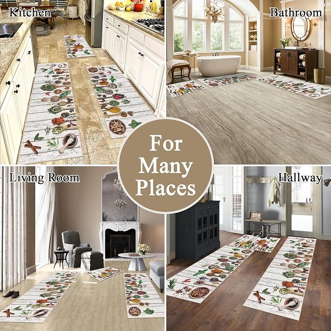 Vaukki Boho Kitchen Rug Sets 3 Pieces, Washable Kitchen Mats for Floor, Non Slip Soft Kitchen Area Rug Floor Mat for Kitchen, Laundry Room and Hallway (Spice-Wooden, 20''x32''+20''x47''+20''x59'')