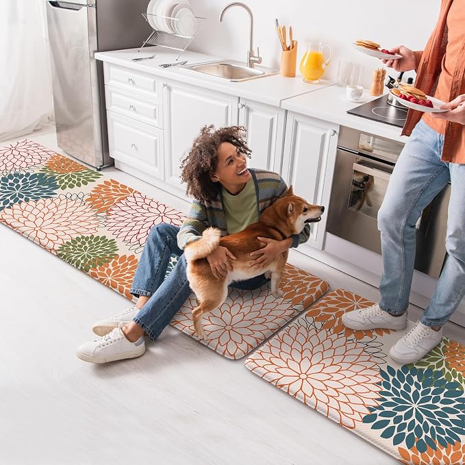 Collive Kitchen Rugs and Mats Cushioned Anti Fatigue Kitchen Mat 2PCS Non-Skid Waterproof Kitchen Runner Rug Comfort Foam Standing Mat for Floors,Office,Laundry,Sink,Floral