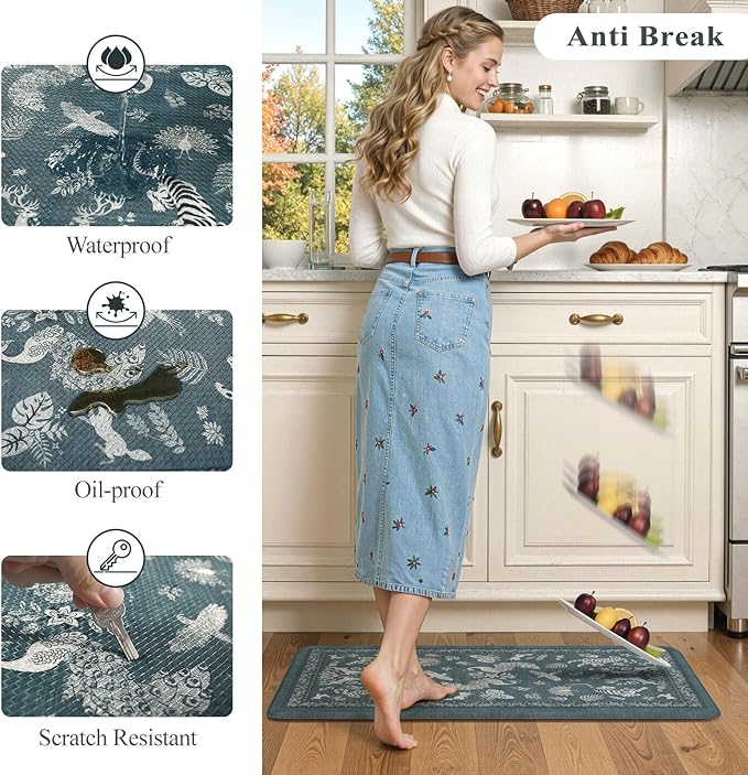 LEEVAN Anti Fatigue Mats for Kitchen Floor Non-Slip, Cushioned Kitchen Mats for Floor 2 Piece, Blue Memory Foam Kitchen Mat Set, Waterproof Ergonomic Standing Mat for Bar, Office,Desk, Laundry
