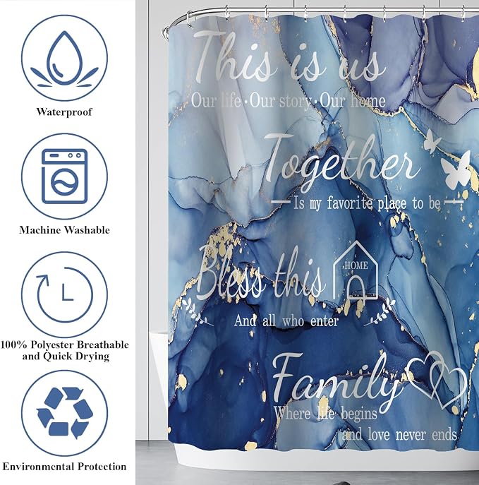 4Pcs Family Marble Shower Curtain Set,Blue Home Inspirational Bathroom Sets with Shower Curtain and Rugs, Bathroom Decor Set,Waterproof Bathroom Curtains Shower Set,with 12 Pcs Hooks