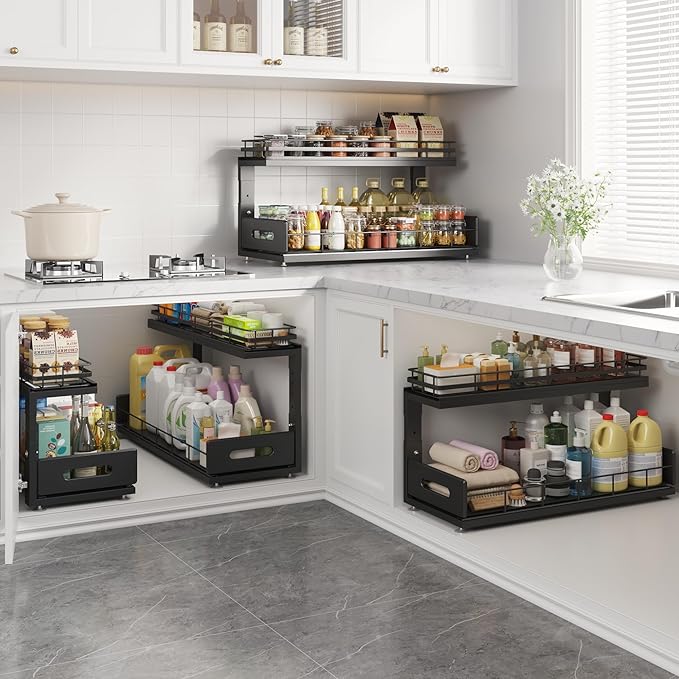 Under Sink Organizer Upgrade To Professional Rails,2-Tier Dual Pull Out Cabinet Storage,Height Adjustable Slide Out Drawers For Bathroom Kitchen,2 Pack-21"Dx12.8"-16.9"H,Black