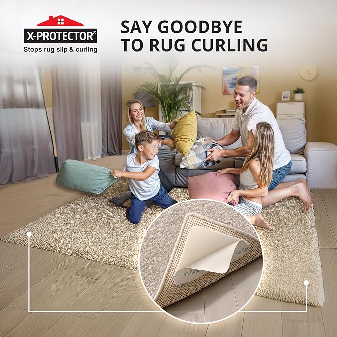 X-Protector Rug Tape - 12 Pcs Set - White Anti-Slip & Anti-Curling Carpet Tape for Hard Floors - Premium Rug Pad Gripper - Carpet Corner Grippers to Keep Your Carpet in Place & Make Corners Flat
