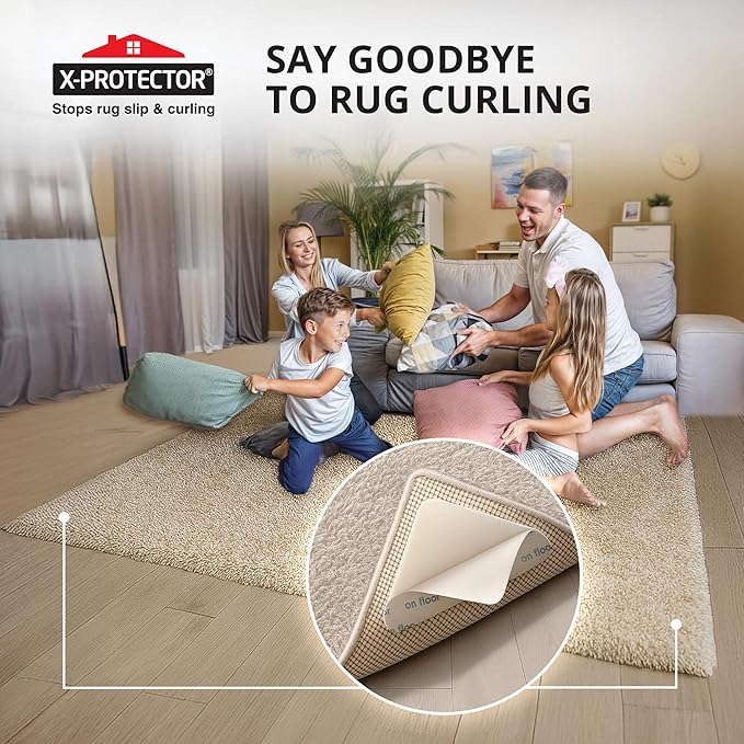 X-Protector Rug Tape - 16 Pcs Set - White Anti-Slip & Anti-Curling Carpet Tape for Hard Floors - Premium Rug Pad Gripper - Carpet Corner Grippers to Keep Your Carpet in Place & Make Corners Flat