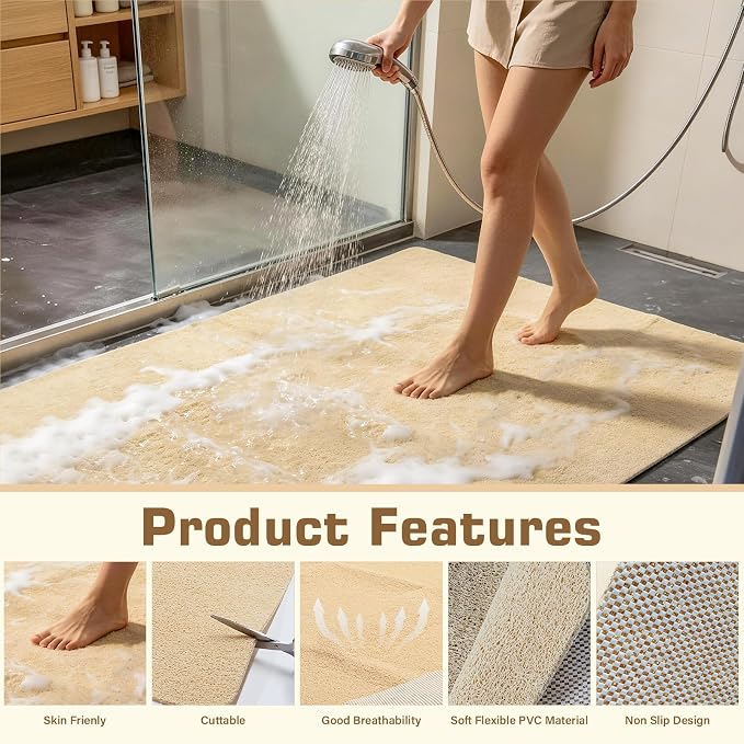 58x44 Extra Large Shower Mat, Anti Slip Shower Mats for Inside Shower, PVC Loofah Mats for Shower and Bathroom, Quick Drying, Beige