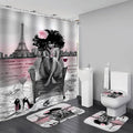 4Pcs Black Girls Bathroom Sets with Shower Curtain and Rugs, African Shower Curtain Set for Women, Eiffel Tower Pink Pattern Waterproof Fabric with 12 PCS Hooks, Cortina de baño Set completo