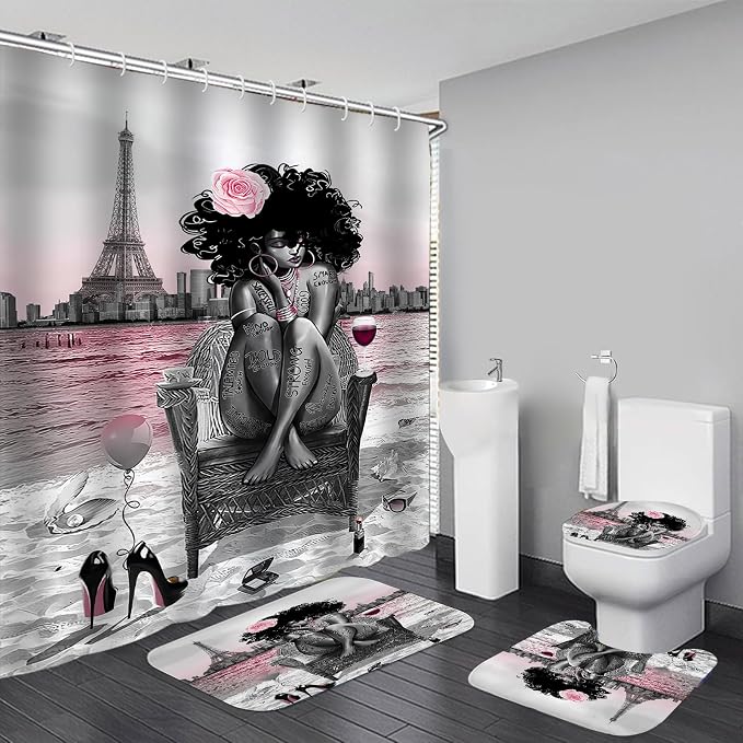 4Pcs Black Girls Bathroom Sets with Shower Curtain and Rugs, African Shower Curtain Set for Women, Eiffel Tower Pink Pattern Waterproof Fabric with 12 PCS Hooks, Cortina de baño Set completo