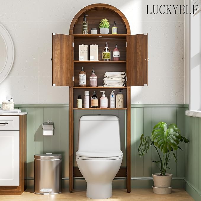 Arched Over The Toilet Storage Cabinet with Fluted Doors, 4 Tier Small Bathroom Shelf Organizer, Mid Century Modern Bathroom Cabinet with Adjustable Shelf, Slim Narrow Arch Toilet Rack, Walnut