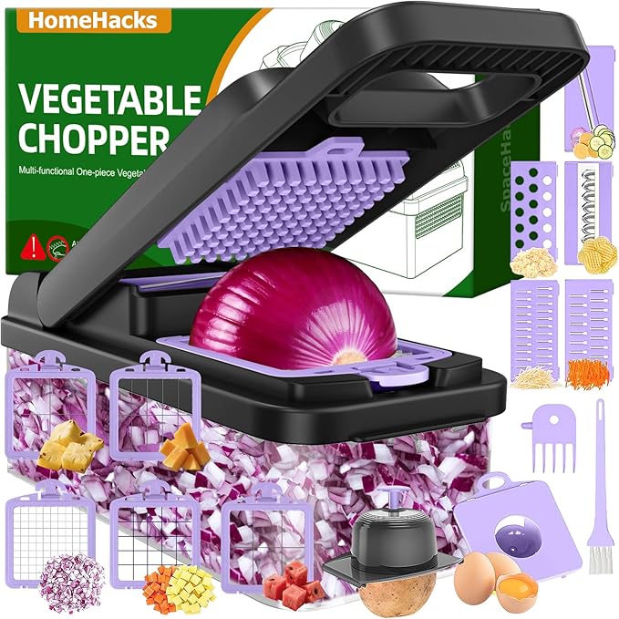 HomeHacks Vegetable Chopper Vegetable Cutter, 15 in 1 Kitchen Gadget, Dicer, Slicer, Onion Cutter, Salad, Cheese Grater & Egg Separator - Multi-Functional Veggie Chopper Lid with Handle (Purple)