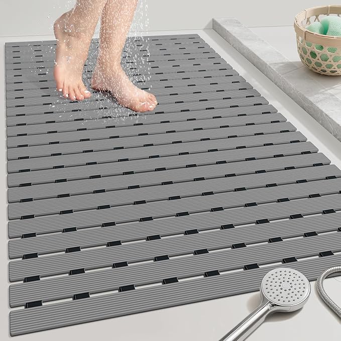 OTHWAY Large Shower Mat, 35.4 x 24 Inch No Suction Cup Shower Mat Non Slip, Quick Drain Large Non Slip Shower Mats for Inside Shower, Heavy Duty Curlable PVC Shower Floor Mat, Dark Grey
