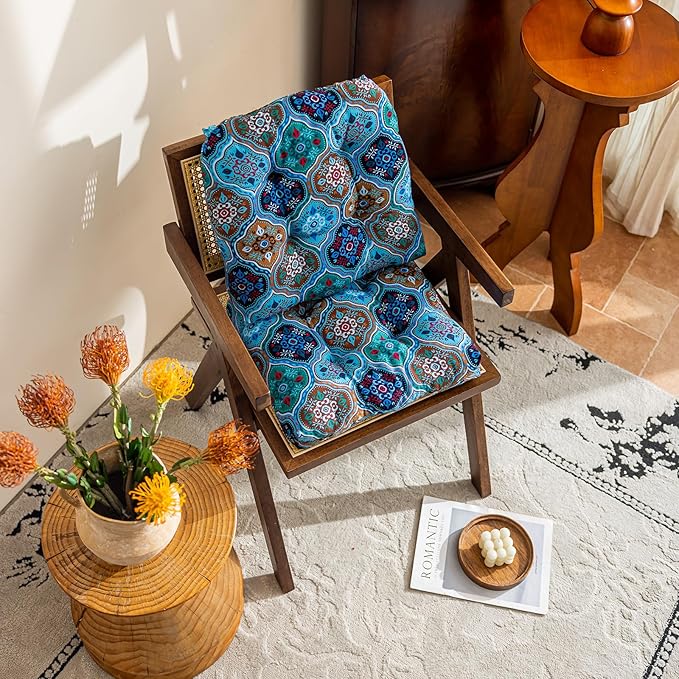 vctops Boho Geometric Chair Cushions with Ties U-Shaped Soft Cozy Cotton Linen Chair Pads Non Slip Seat Cushions for Indoor Dining Room and Kitchen Chairs (Blue,16"x16")