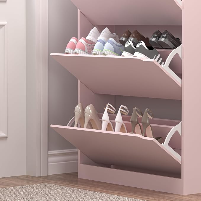 BORNOON Shoe Cabinet with 3 Flip Drawers, Hidden Wood Shoe Cabinet,Freestanding Shoe Storage Cabinet for Entryway Hallway.White. 47.2" H*31.5" W*9.45" D (Pink)