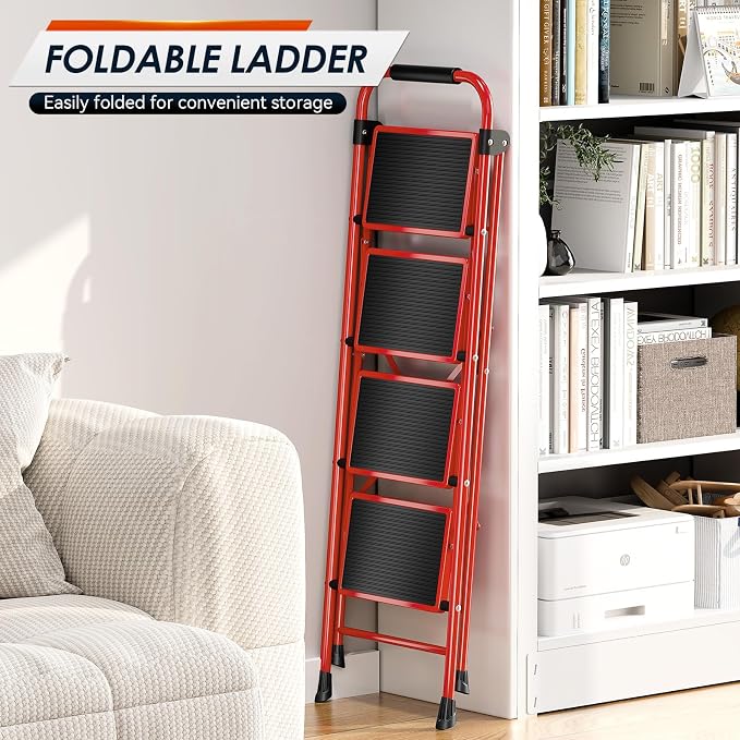 Urackify Step Ladder, 4 Step Ladder with Anti-Slip and Wide Pedal, Portable Foldable Step Stool with Handgrip, Sturdy Step Ladder for Home Kitchen Household, Red