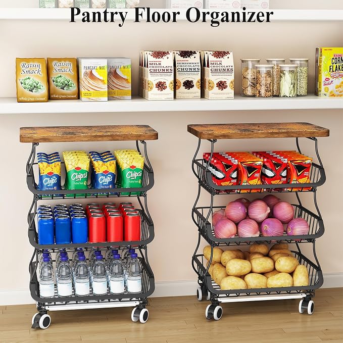 SAYZH Fruit Basket Kitchen Pantry Organizers and Storage - Wooden Top Table, Stackable Metal Wire Basket Stand Cart for Fruit Vegetable Snacks Onion Potato Organization (Black, 4 Tiers)