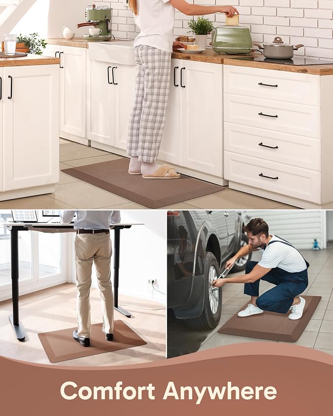 Ophanie Kitchen Mats for Floor, 3/4 inch Thick, 17x28 Anti Fatigue Cushioned Mat, Kitchen Rugs, Waterproof, Comfort Ergonomic Standing Mat for Office, Home, Sink, Brown Non-Slip Ridged Bottom