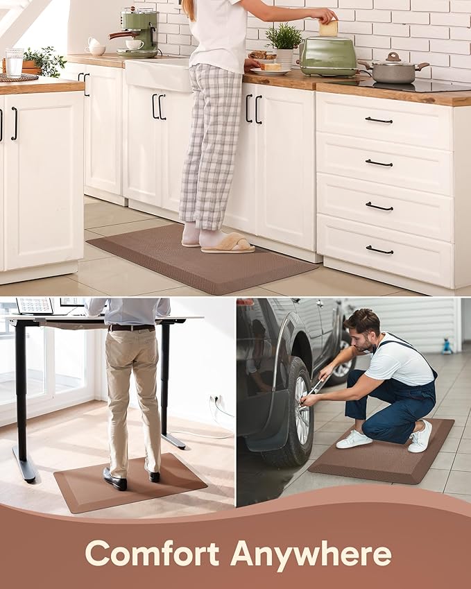 Ophanie Kitchen Mats for Floor, 3/4 inch Thick, 17x24 Anti Fatigue Cushioned Mat, Kitchen Rugs, Waterproof, Comfort Ergonomic Standing Mat for Office, Home, Sink, Brown Non-Slip Ridged Bottom