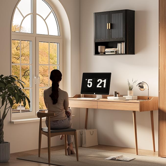 INNOD Bathroom Wall Cabinet, Wall-Mounted Medicine Cabinet with Adjustable Wood Shelf & Doors, Floating Bathroom Cabinet Over Toilet for Laundry Room & Kitchen & Living Room (Black)