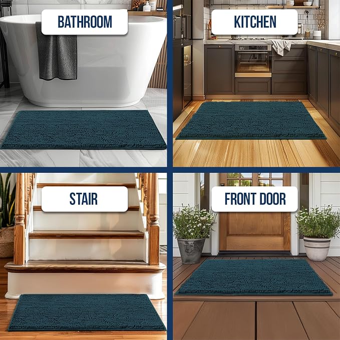 Muddy Mat Chenille Bathroom Rugs Quick Dry Microfiber Mats Non Slip Washable, Extra Thick, Soft and Highly Absorbent Bath Mats for Bathroom, Kitchen, and Shower Floor - Atlantic Blue Medium 30"X19"