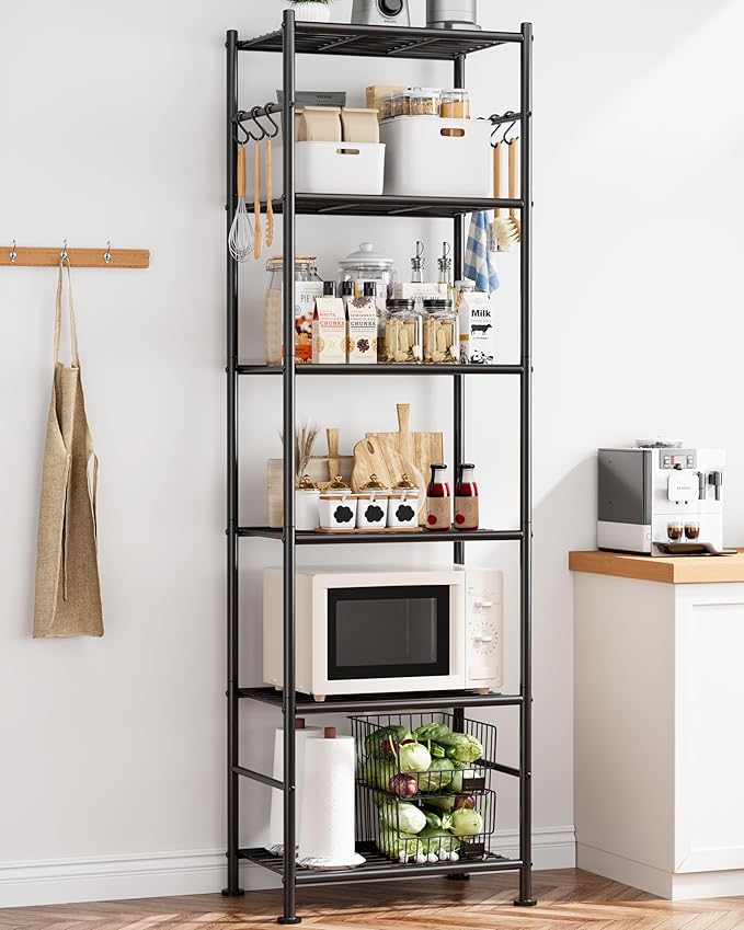 Sakugi Storage Shelves - 6-Tier Large Capacity Shelf Organizer with Hooks, Heavy-Duty Garage Shelving with Leveling Feet, Wobble-Free Rack for Bedroom, Balcony, Garage, 18.1"×12.4"×70.1", Black