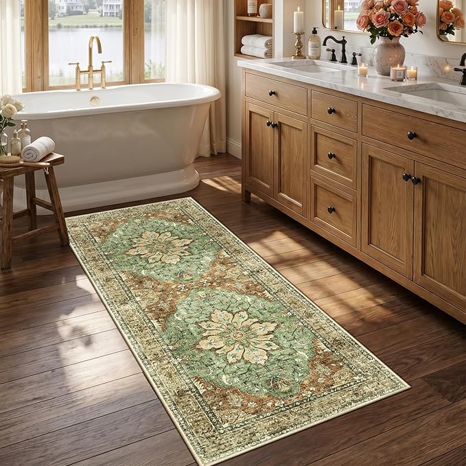 RELEANY Area Rugs Runner 2'6"x5' Washable Non-Slip, Floral Vintage Distress Medallion Carpet for Kitchen Hallway Bedroom Beside Laundry Room Bathroom, Terracotta Burnt Orange Green