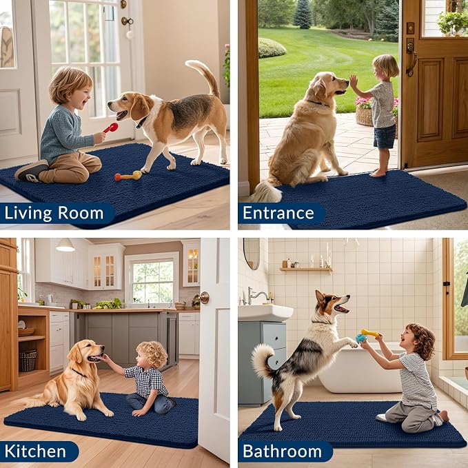 Smiry Dog Door Mat for Muddy Paws 54x24, Absorbent Dirt Trapper, Non-Slip Washable Chenille Entryway Rug for Inside Floor, Dark Blue, Classic Solid