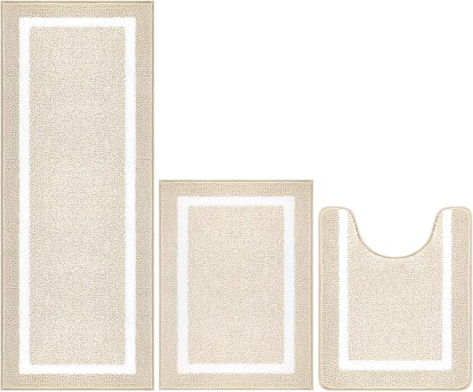 Pauwer Bathroom Rugs Sets 3 Piece Bathroom Shower Rugs with U-Shaped Contour Toilet Mat Absorbent Microfiber Plush Bath Mats Non Slip Bath Rugs Machine Washable Shaggy Bath Floor Mats, Light Beige