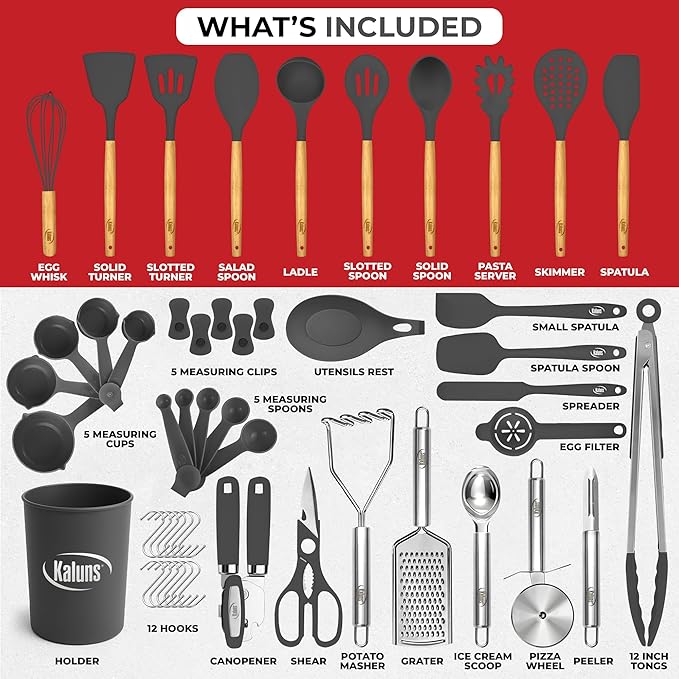 Kaluns 50 PCS Silicone Kitchen Utensils Set Complete Kitchen Set - 800°F Heat Resistant Non-Stick Premium Silicone Cooking Utensils W Wooden Handles - Can Opener, Masher, Turner, Silicone Spatula Set