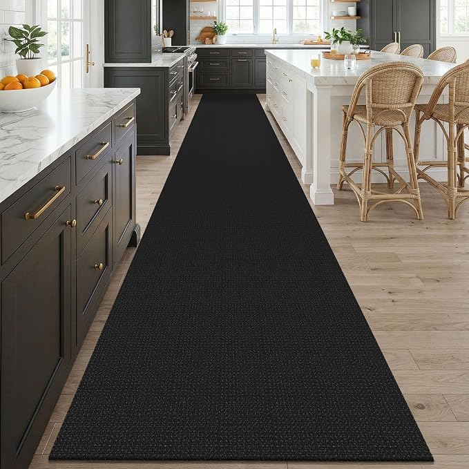 KOZYFLY Black 3x20 Runners Rugs for Hallway, Extra Long Washable Runner Rug, Woven Non Slip Kitchen Runner, Cotton Entryway Rug, Floor Carpet for Entry, Aisle, Hall, Black/Dark Grey